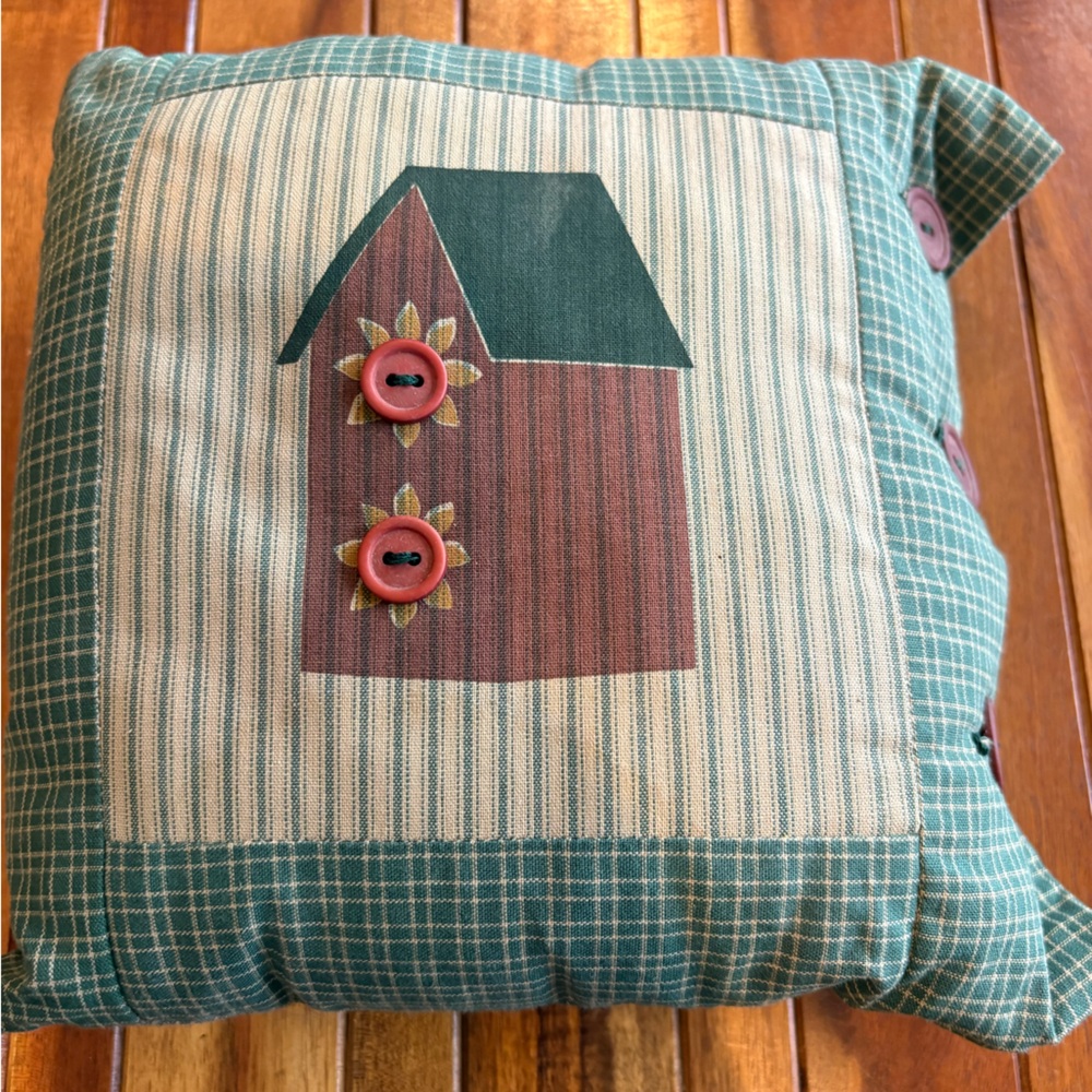 Applique Pillow Button Closure Little Cabin Plaid Backing Country Chic